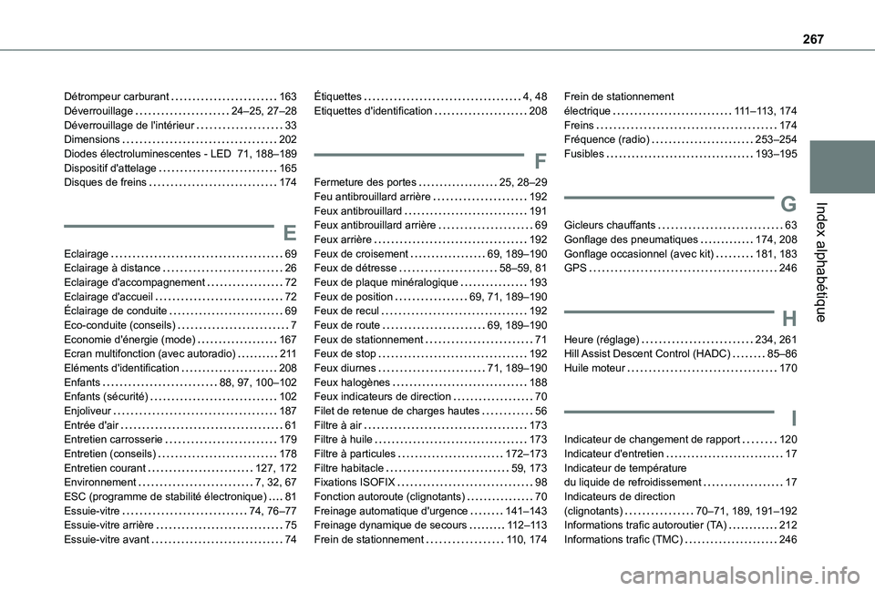 TOYOTA PROACE CITY VERSO 2020  Notices Demploi (in French) 267
Index alphabétique
Détrompeur carburant   163Déverrouillage   24–25, 27–28Déverrouillage de l'intérieur   33Dimensions   202Diodes électroluminescentes - LED   71, 188–189Dispositi