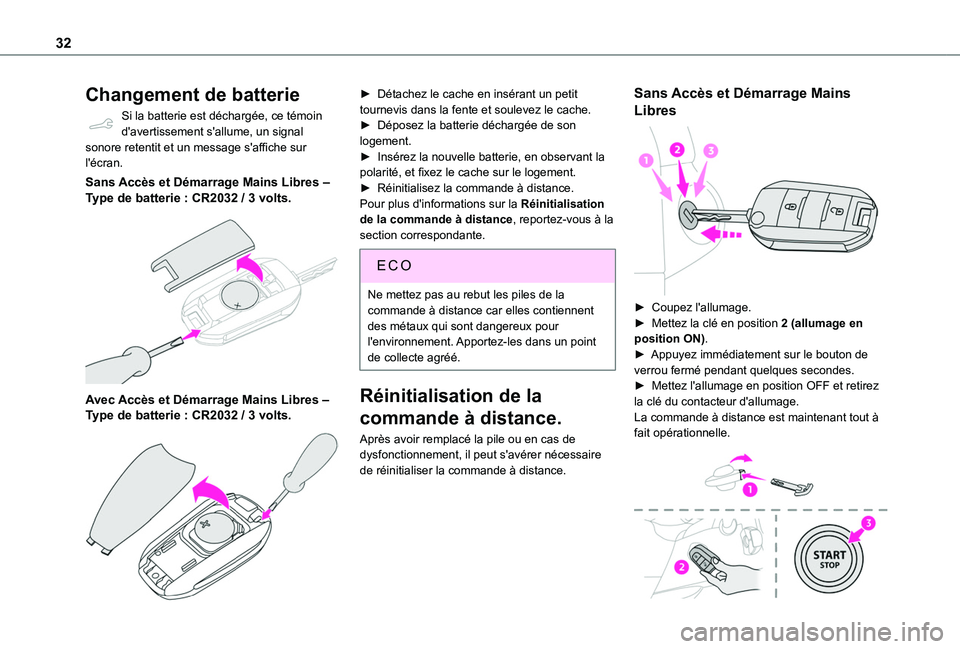 TOYOTA PROACE CITY VERSO 2020 Notices Demploi (in French) 32
Changement de batterie
Si la batterie est déchargée, ce témoin d'avertissement s'allume, un signal sonore retentit et un message s'affiche sur l'écran.
Sans Accès et Démarrage TOYOTA PROACE CITY VERSO 2020 Notices Demploi (in French) 32
Changement de batterie
Si la batterie est déchargée, ce témoin d'avertissement s'allume, un signal sonore retentit et un message s'affiche sur l'écran.
Sans Accès et Démarrage
