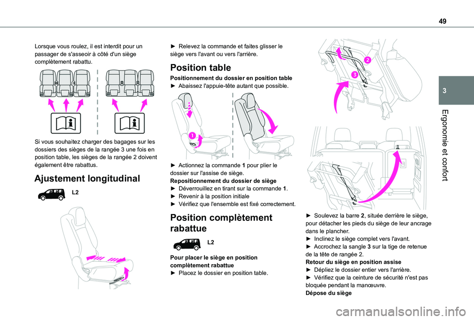 TOYOTA PROACE CITY VERSO 2020 Notices Demploi (in French) 49
Ergonomie et confort
3
Lorsque vous roulez, il est interdit pour un passager de s'asseoir à côté d'un siège complètement rabattu.
Si vous souhaitez charger des bagages sur les dossi TOYOTA PROACE CITY VERSO 2020 Notices Demploi (in French) 49
Ergonomie et confort
3
Lorsque vous roulez, il est interdit pour un passager de s'asseoir à côté d'un siège complètement rabattu.
Si vous souhaitez charger des bagages sur les dossi