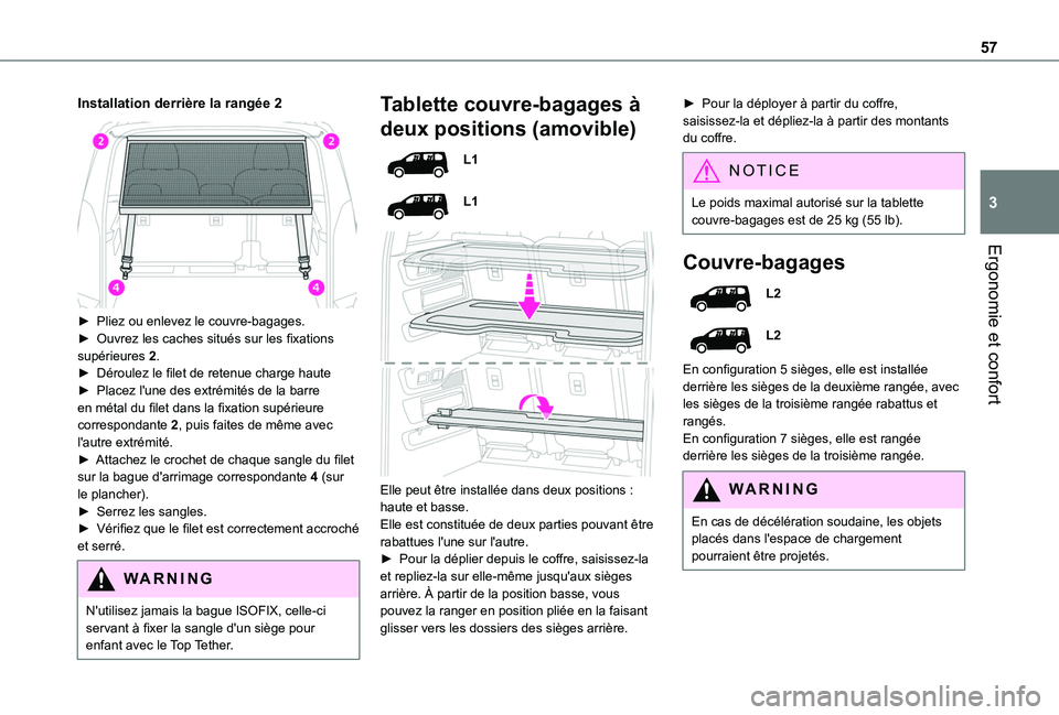 TOYOTA PROACE CITY VERSO 2020  Notices Demploi (in French) 57
Ergonomie et confort
3
Installation derrière la rangée 2 
 
► Pliez ou enlevez le couvre-bagages.► Ouvrez les caches situés sur les fixations supérieures 2.► Déroulez le filet de retenue