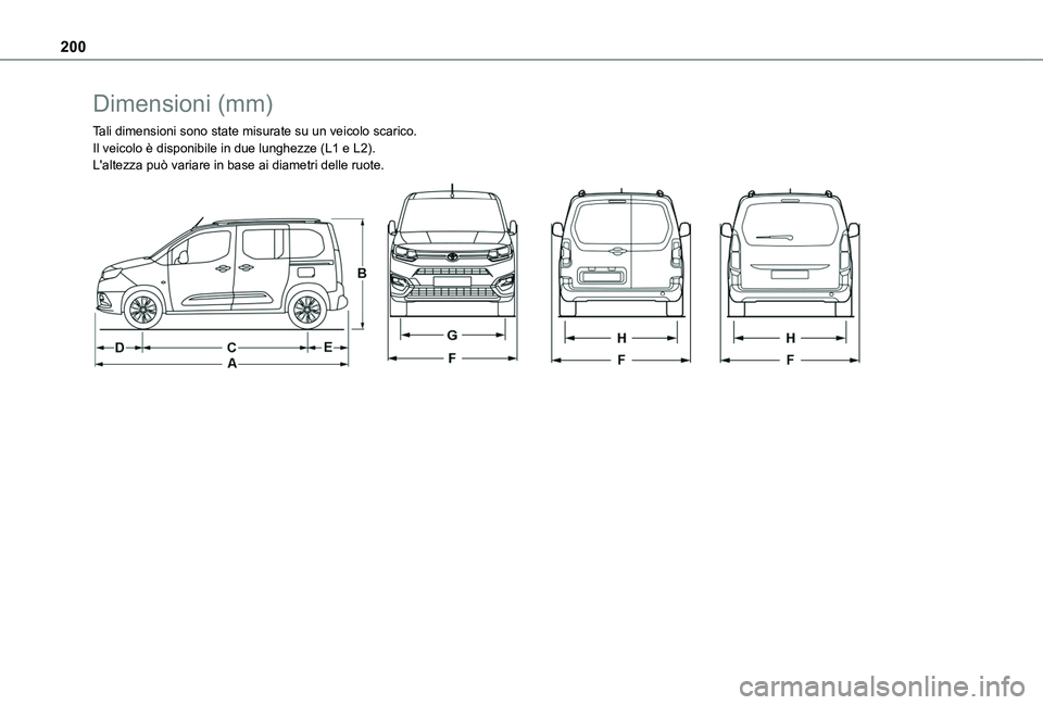 TOYOTA PROACE CITY VERSO 2020  Manuale duso (in Italian) 200
Dimensioni (mm)
Tali dimensioni sono state misurate su un veicolo scarico.Il veicolo è disponibile in due lunghezze (L1 e L2).L'altezza può variare in base ai diametri delle ruote.   