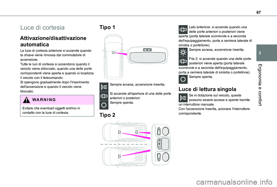 TOYOTA PROACE CITY VERSO 2020  Manuale duso (in Italian) 67
Ergonomia e comfort
3
Luce di cortesia
Attivazione/disattivazione 
automatica
La luce di cortesia anteriore si accende quando la chiave viene rimossa dal commutatore di accensione.Tutte le luci di 