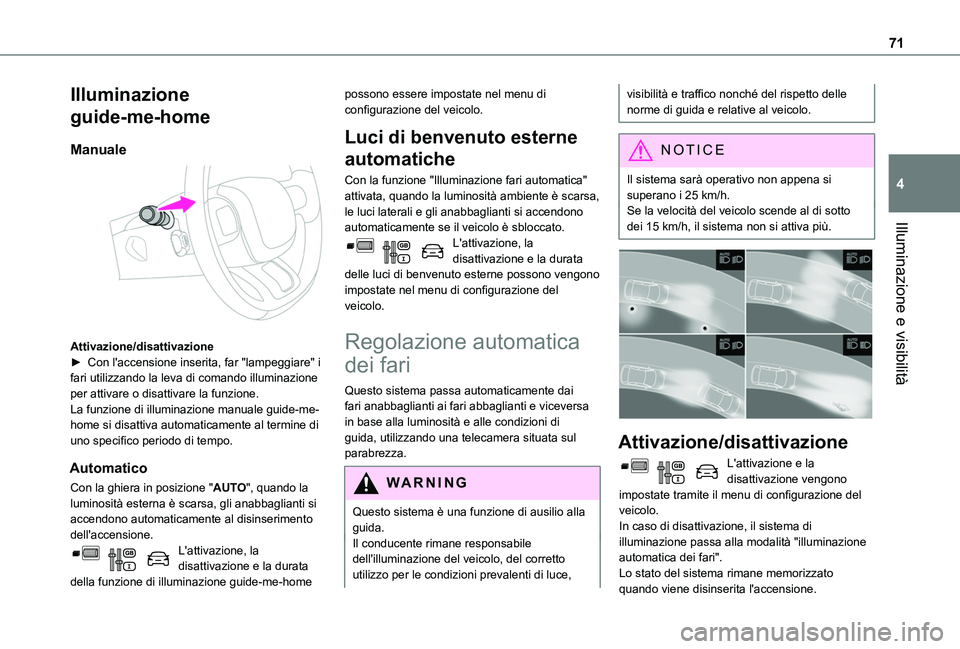 TOYOTA PROACE CITY VERSO 2020 Manuale duso (in Italian) 71
Illuminazione e visibilità
4
Illuminazione
guide-me-home
Manuale
Attivazione/disattivazione► Con l'accensione inserita, far "lampeggiare" i fari utilizzando la leva di comando il TOYOTA PROACE CITY VERSO 2020 Manuale duso (in Italian) 71
Illuminazione e visibilità
4
Illuminazione
guide-me-home
Manuale
Attivazione/disattivazione► Con l'accensione inserita, far "lampeggiare" i fari utilizzando la leva di comando il