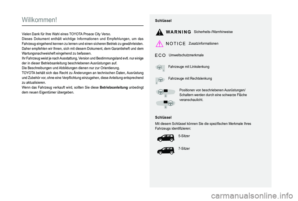 TOYOTA PROACE CITY VERSO 2020 Betriebsanleitungen (in German)
Willkommen!
Vielen Dank für Ihre Wahl eines TOYOTA Proace City Verso.Dieses Dokument enthält wichtige Informationen und Empfehlungen, um das Fahrzeug e TOYOTA PROACE CITY VERSO 2020 Betriebsanleitungen (in German)
Willkommen!
Vielen Dank für Ihre Wahl eines TOYOTA Proace City Verso.Dieses Dokument enthält wichtige Informationen und Empfehlungen, um das Fahrzeug e