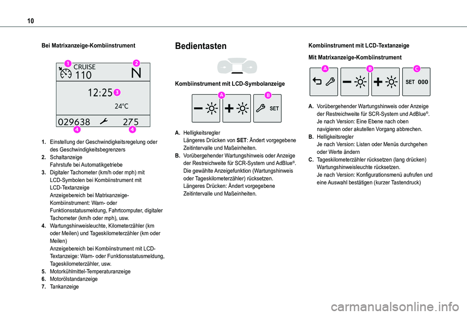 TOYOTA PROACE CITY VERSO 2020 Betriebsanleitungen (in German) 10
Bei Matrixanzeige-Kombiinstrument
1.Einstellung der Geschwindigkeitsregelung oder des Geschwindigkeitsbegrenzers
2.SchaltanzeigeFahrstufe bei Automatikgetriebe
3.Digitaler Tachometer (km/h oder TOYOTA PROACE CITY VERSO 2020 Betriebsanleitungen (in German) 10
Bei Matrixanzeige-Kombiinstrument
1.Einstellung der Geschwindigkeitsregelung oder des Geschwindigkeitsbegrenzers
2.SchaltanzeigeFahrstufe bei Automatikgetriebe
3.Digitaler Tachometer (km/h oder