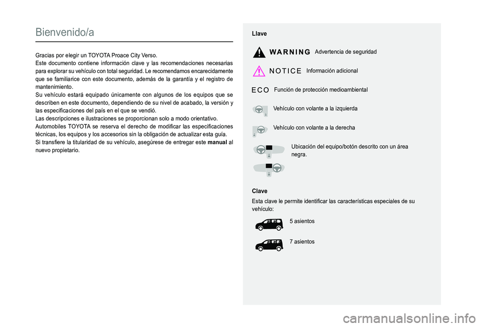 TOYOTA PROACE CITY VERSO 2020  Manuale de Empleo (in Spanish)  
  
 
  
 
  
  
   
   
 
  
   
  
    
   
Bienvenido/a
Gracias por elegir un TOYOTA Proace City Verso.Este documento contiene información clave y las recomendaciones neces\
arias para explorar s