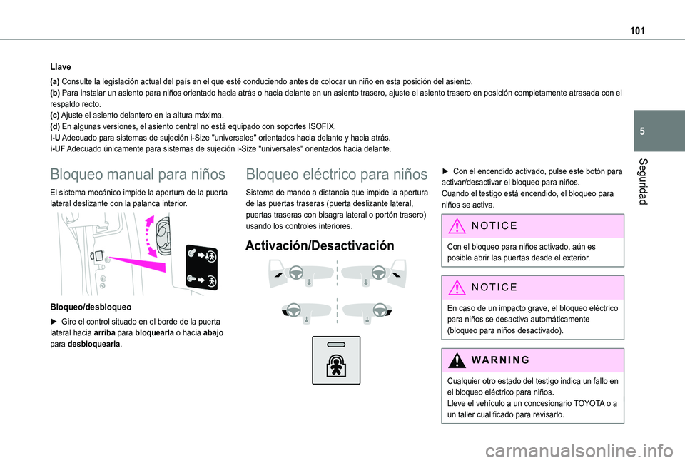TOYOTA PROACE CITY VERSO 2020 Manuale de Empleo (in Spanish) 101
Seguridad
5
Llave
(a) Consulte la legislación actual del país en el que esté conduci\
endo antes de colocar un niño en esta posición del asiento.(b) Para instalar un asiento para niños orien TOYOTA PROACE CITY VERSO 2020 Manuale de Empleo (in Spanish) 101
Seguridad
5
Llave
(a) Consulte la legislación actual del país en el que esté conduci\
endo antes de colocar un niño en esta posición del asiento.(b) Para instalar un asiento para niños orien