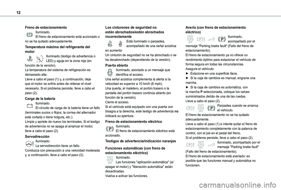 TOYOTA PROACE CITY VERSO 2020 Manuale de Empleo (in Spanish) 12
Freno de estacionamientoIluminado.El freno de estacionamiento está accionado o no se ha quitado adecuadamente.
Temperatura máxima del refrigerante del motor
90°CIluminado (testigo de advertencia TOYOTA PROACE CITY VERSO 2020 Manuale de Empleo (in Spanish) 12
Freno de estacionamientoIluminado.El freno de estacionamiento está accionado o no se ha quitado adecuadamente.
Temperatura máxima del refrigerante del motor
90°CIluminado (testigo de advertencia