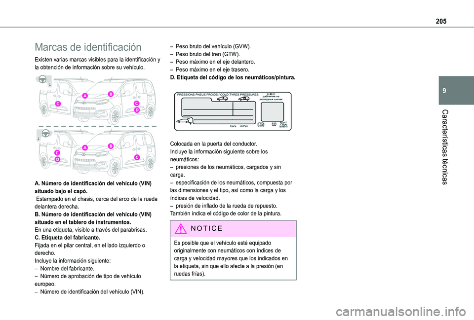 TOYOTA PROACE CITY VERSO 2020 Manuale de Empleo (in Spanish) 205
Características técnicas
9
Marcas de identificación
Existen varias marcas visibles para la identificación y la obtención de información sobre su vehículo.
A. Número de identificación d TOYOTA PROACE CITY VERSO 2020 Manuale de Empleo (in Spanish) 205
Características técnicas
9
Marcas de identificación
Existen varias marcas visibles para la identificación y la obtención de información sobre su vehículo.
A. Número de identificación d