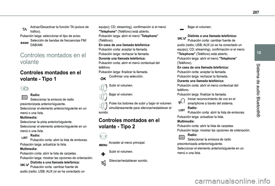 TOYOTA PROACE CITY VERSO 2020 Manuale de Empleo (in Spanish) 207
Sistema de audio Bluetooth®
10
Activar/Desactivar la función TA (avisos de tráfico).Pulsación larga: seleccionar el tipo de aviso.Selección de bandas de frecuencias FM/DAB/AM.
Controles monta TOYOTA PROACE CITY VERSO 2020 Manuale de Empleo (in Spanish) 207
Sistema de audio Bluetooth®
10
Activar/Desactivar la función TA (avisos de tráfico).Pulsación larga: seleccionar el tipo de aviso.Selección de bandas de frecuencias FM/DAB/AM.
Controles monta