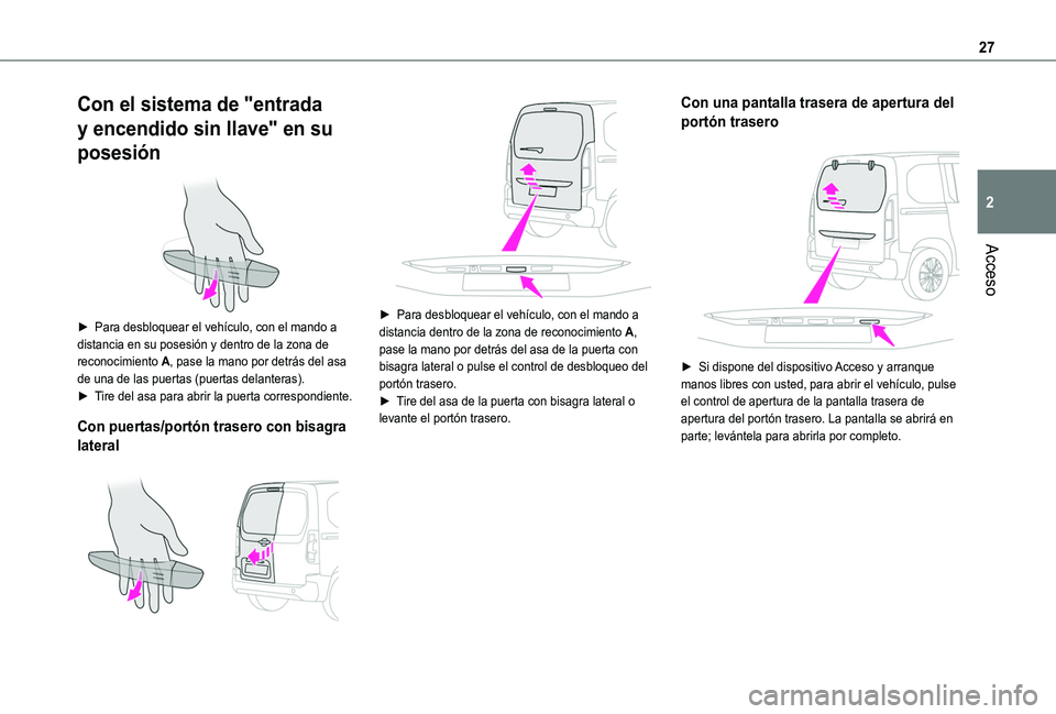TOYOTA PROACE CITY VERSO 2020  Manuale de Empleo (in Spanish) 27
Acceso
2
Con el sistema de "entrada 
y encendido sin llave" en su 
posesión 
 
► Para desbloquear el vehículo, con el mando a distancia en su posesión y dentro de la zona de reconocimi