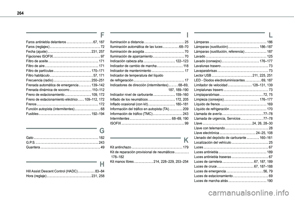 TOYOTA PROACE CITY VERSO 2020 Manuale de Empleo (in Spanish) 264
F
Faros antiniebla delanteros 67, 187Faros (reglajes) 72Fecha (ajuste) 231, 257Fijaciones ISOFIX 97Filtro de aceite 171Filtro de aire 171Filtro de partículas 170–171Filtro habitá TOYOTA PROACE CITY VERSO 2020 Manuale de Empleo (in Spanish) 264
F
Faros antiniebla delanteros 67, 187Faros (reglajes) 72Fecha (ajuste) 231, 257Fijaciones ISOFIX 97Filtro de aceite 171Filtro de aire 171Filtro de partículas 170–171Filtro habitá