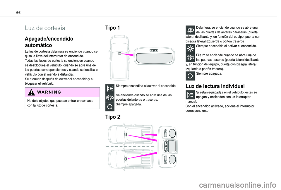 TOYOTA PROACE CITY VERSO 2020 Manuale de Empleo (in Spanish) 66
Luz de cortesía
Apagado/encendido
automático
La luz de cortesía delantera se enciende cuando se quita la llave del interruptor de encendido.Todas las luces de cortesía se encienden cuando se d TOYOTA PROACE CITY VERSO 2020 Manuale de Empleo (in Spanish) 66
Luz de cortesía
Apagado/encendido
automático
La luz de cortesía delantera se enciende cuando se quita la llave del interruptor de encendido.Todas las luces de cortesía se encienden cuando se d
