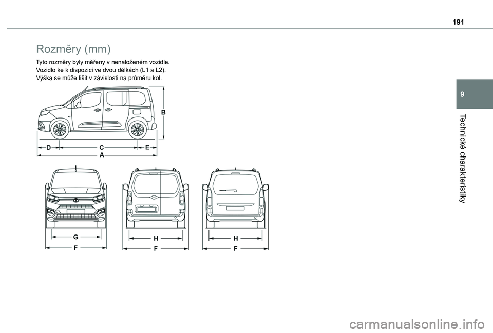 TOYOTA PROACE CITY VERSO 2020 Návod na použití (in Czech) 191
Technické charakteristiky
9
Rozměry (mm)
Tyto rozměry byly měřeny v nenaloženém vozidle.Vozidlo ke k dispozici ve dvou délkách (L1 a L2).Výška se může lišit v závislosti na průměr TOYOTA PROACE CITY VERSO 2020 Návod na použití (in Czech) 191
Technické charakteristiky
9
Rozměry (mm)
Tyto rozměry byly měřeny v nenaloženém vozidle.Vozidlo ke k dispozici ve dvou délkách (L1 a L2).Výška se může lišit v závislosti na průměr