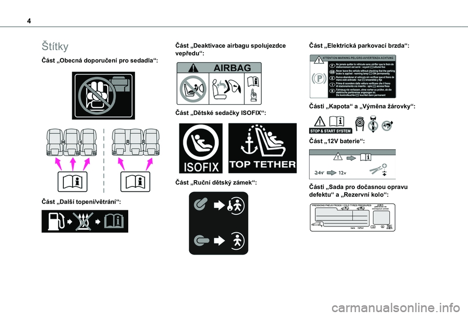 TOYOTA PROACE CITY VERSO 2020  Návod na použití (in Czech) 4
Štítky
Část „Obecná doporučení pro sedadla“: 
  
 
Část „Další topení/větrání“: 
 
Část „Deaktivace airbagu spolujezdce vepředu“: 
 
Část „Dětské sedačky ISOFIX�