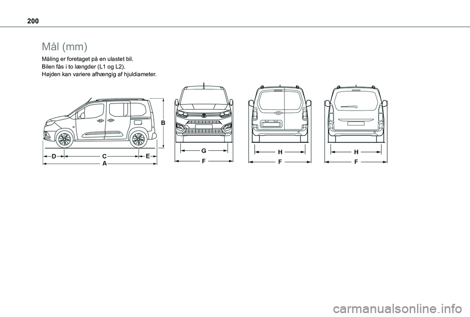 TOYOTA PROACE CITY VERSO 2020 Brugsanvisning (in Danish) 200
Mål (mm)
Måling er foretaget på en ulastet bil.Bilen fås i to længder (L1 og L2).Højden kan variere afhængig af hjuldiameter.
TOYOTA PROACE CITY VERSO 2020 Brugsanvisning (in Danish) 200
Mål (mm)
Måling er foretaget på en ulastet bil.Bilen fås i to længder (L1 og L2).Højden kan variere afhængig af hjuldiameter.