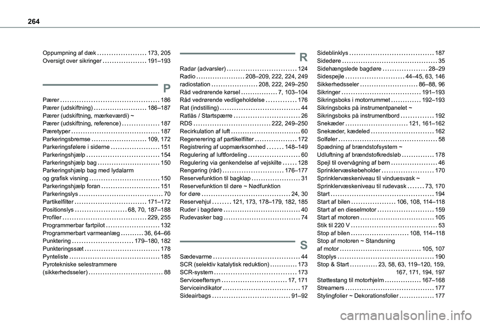 TOYOTA PROACE CITY VERSO 2020 Brugsanvisning (in Danish) 264
Oppumpning af dæk 173, 205Oversigt over sikringer 191–193
P
Pærer 186Pærer (udskiftning) 186–187Pærer (udskiftning, mærkeværdi) ~ Pærer (udskiftning, reference) 187Pæretyper TOYOTA PROACE CITY VERSO 2020 Brugsanvisning (in Danish) 264
Oppumpning af dæk 173, 205Oversigt over sikringer 191–193
P
Pærer 186Pærer (udskiftning) 186–187Pærer (udskiftning, mærkeværdi) ~ Pærer (udskiftning, reference) 187Pæretyper