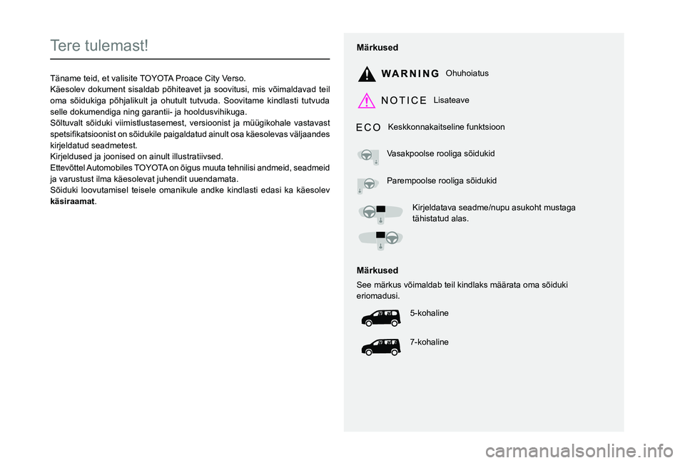 TOYOTA PROACE CITY VERSO 2020 Kasutusjuhend (in Estonian)
Tere tulemast!
Täname teid, et valisite TOYOTA Proace City Verso.Käesolev dokument sisaldab põhiteavet ja soovitusi, mis võimaldavad teil oma sõiduk TOYOTA PROACE CITY VERSO 2020 Kasutusjuhend (in Estonian)
Tere tulemast!
Täname teid, et valisite TOYOTA Proace City Verso.Käesolev dokument sisaldab põhiteavet ja soovitusi, mis võimaldavad teil oma sõiduk