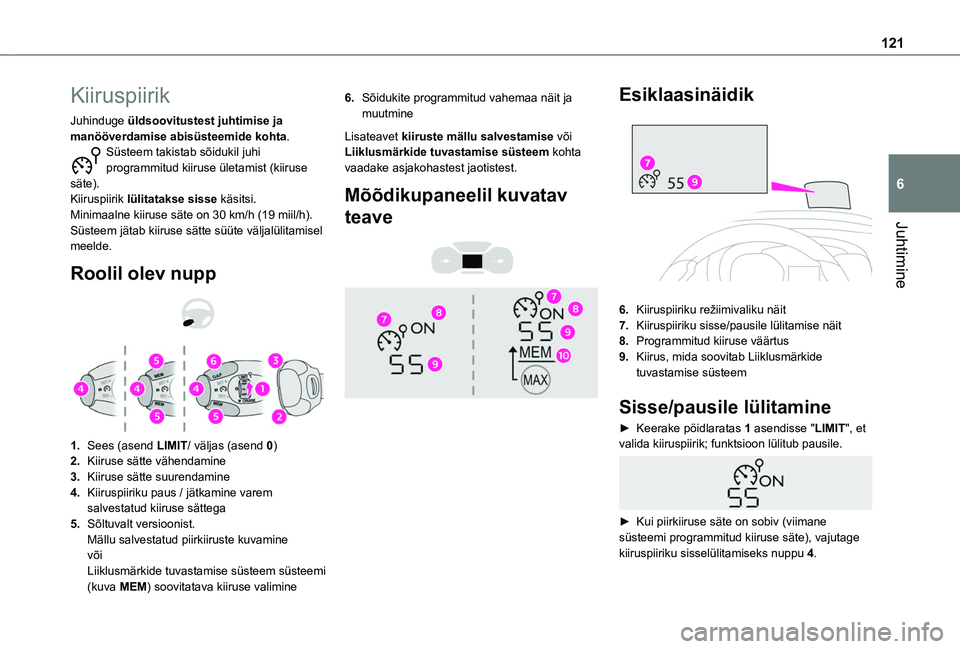 TOYOTA PROACE CITY VERSO 2020 Kasutusjuhend (in Estonian) 121
Juhtimine
6
Kiiruspiirik
Juhinduge üldsoovitustest juhtimise ja manööverdamise abisüsteemide kohta.Süsteem takistab sõidukil juhi programmitud kiiruse ületamist (kiiruse säte).Kiiruspiirik TOYOTA PROACE CITY VERSO 2020 Kasutusjuhend (in Estonian) 121
Juhtimine
6
Kiiruspiirik
Juhinduge üldsoovitustest juhtimise ja manööverdamise abisüsteemide kohta.Süsteem takistab sõidukil juhi programmitud kiiruse ületamist (kiiruse säte).Kiiruspiirik