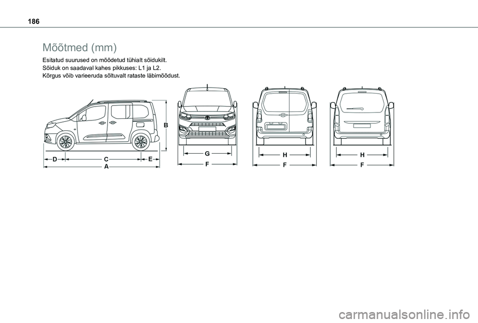 TOYOTA PROACE CITY VERSO 2020 Kasutusjuhend (in Estonian) 186
Mõõtmed (mm)
Esitatud suurused on mõõdetud tühialt sõidukilt.Sõiduk on saadaval kahes pikkuses: L1 ja L2.Kõrgus võib varieeruda sõltuvalt rataste läbimõõdust.
TOYOTA PROACE CITY VERSO 2020 Kasutusjuhend (in Estonian) 186
Mõõtmed (mm)
Esitatud suurused on mõõdetud tühialt sõidukilt.Sõiduk on saadaval kahes pikkuses: L1 ja L2.Kõrgus võib varieeruda sõltuvalt rataste läbimõõdust.