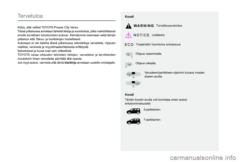 TOYOTA PROACE CITY VERSO 2020 Omistajan Käsikirja (in Finnish)
Tervetuloa
Kiitos, että valitsit TOYOTA Proace City Verso.Tässä julkaisussa annetaan tärkeitä tietoja ja suosituksia, jotka mahdollistavat sinulle t TOYOTA PROACE CITY VERSO 2020 Omistajan Käsikirja (in Finnish)
Tervetuloa
Kiitos, että valitsit TOYOTA Proace City Verso.Tässä julkaisussa annetaan tärkeitä tietoja ja suosituksia, jotka mahdollistavat sinulle t