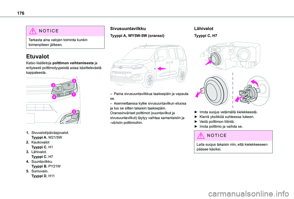 TOYOTA PROACE CITY VERSO 2020  Omistajan Käsikirja (in Finnish) 176
NOTIC E
Tarkasta aina valojen toiminta kunkin toimenpiteen jälkeen.
Etuvalot
Katso lisätietoja polttimon vaihtamisesta ja erityisesti polttimotyypeistä asiaa käsittelevästä kappaleesta. 
 
1