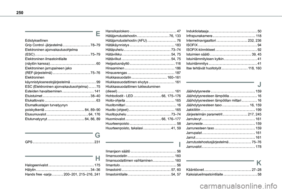 TOYOTA PROACE CITY VERSO 2020  Omistajan Käsikirja (in Finnish) 250
E
Edistyksellinen  Grip Control -järjestelmä   78–79Elektroninen ajonvakautusohjelma  (ESC)   75–79Elektroninen ilmastointilaite  (näytön kanssa)   60Elektroninen jarrupaineen jako  (REF-j