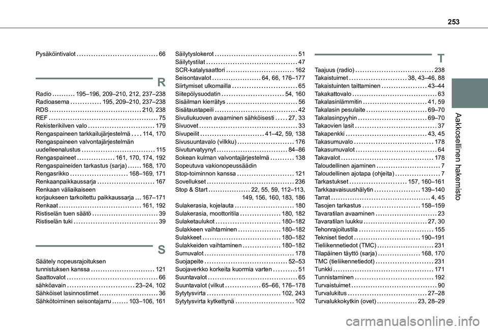 TOYOTA PROACE CITY VERSO 2020  Omistajan Käsikirja (in Finnish) 253
Aakkosellinen hakemisto
Pysäköintivalot   66
R
Radio   195–196, 209–210, 212, 237–238Radioasema   195, 209–210, 237–238RDS   210, 238REF   75Rekisterikilven valo   179Rengaspaineen tar