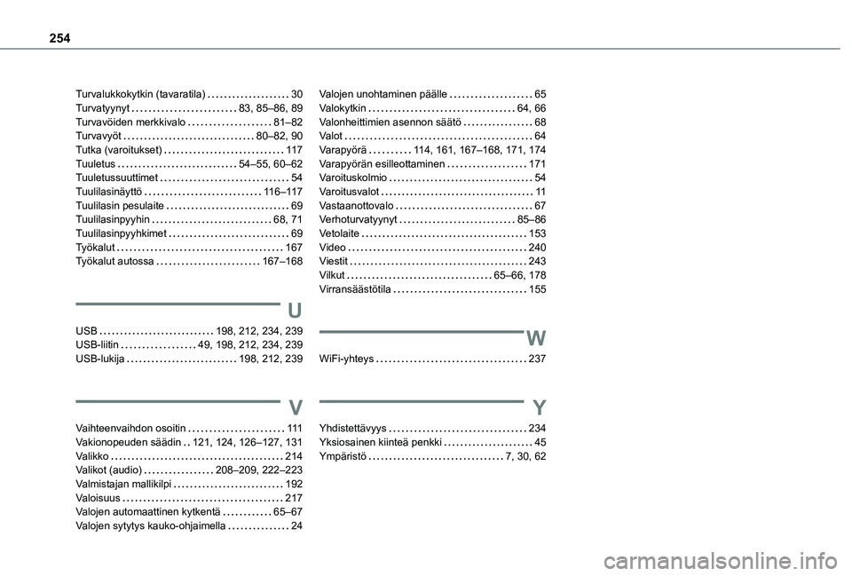 TOYOTA PROACE CITY VERSO 2020  Omistajan Käsikirja (in Finnish) 254
Turvalukkokytkin (tavaratila)   30Turvatyynyt   83, 85–86, 89Turvavöiden merkkivalo   81–82Turvavyöt   80–82, 90Tutka (varoitukset)   11 7Tuuletus   54–55, 60–62Tuuletussuuttimet   54T