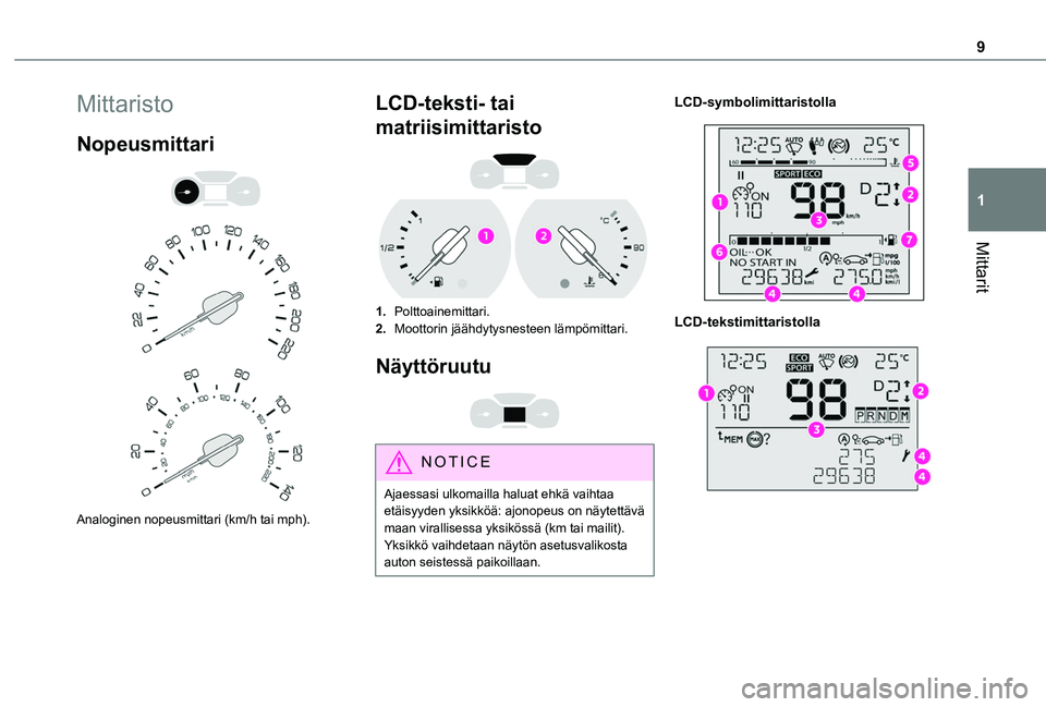 TOYOTA PROACE CITY VERSO 2020  Omistajan Käsikirja (in Finnish) 9
Mittarit
1
Mittaristo
Nopeusmittari 
  
 
Analoginen nopeusmittari (km/h tai mph).
LCD-teksti- tai 
matriisimittaristo 
 
1.Polttoainemittari.
2.Moottorin jäähdytysnesteen lämpömittari.
Näyttö