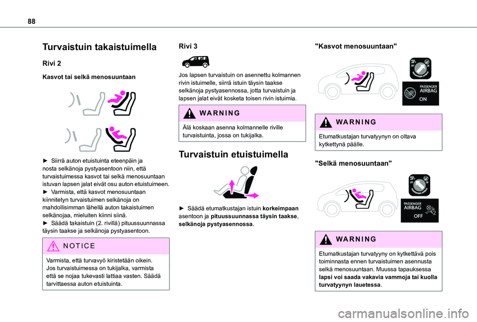 TOYOTA PROACE CITY VERSO 2020  Omistajan Käsikirja (in Finnish) 88
Turvaistuin takaistuimella
Rivi 2
Kasvot tai selkä menosuuntaan
 
  
 
►  Siirrä auton etuistuinta eteenpäin ja nosta selkänoja pystyasentoon niin, että turvaistuimessa kasvot ta
