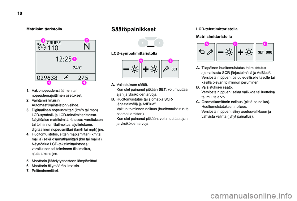 TOYOTA PROACE CITY VERSO 2020  Omistajan Käsikirja (in Finnish) 10
Matriisimittaristolla 
 
1.Vakionopeudensäätimen tai nopeudenrajoittimen asetukset.
2.Vaihtamisilmaisin.Automaattivaihteiston vaihde.
3.Digitaalinen nopeusmittari (km/h tai mph) LCD-symboli- ja L