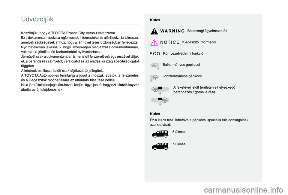 TOYOTA PROACE CITY VERSO 2020 Kezelési útmutató (in Hungarian)
TOYOTA PROACE CITY VERSO 2020 Kezelési útmutató (in Hungarian)
