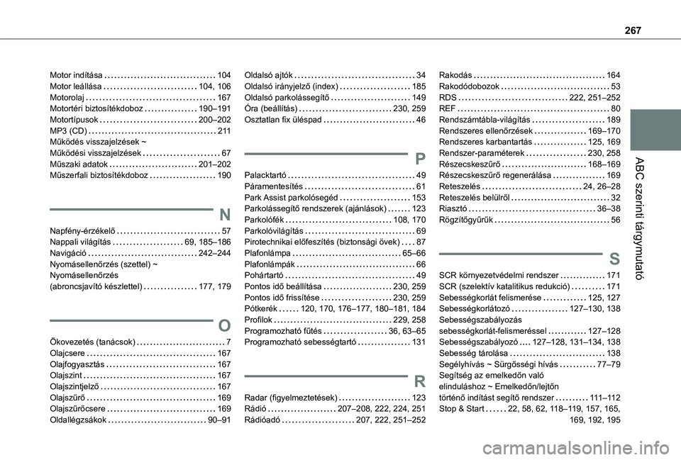 TOYOTA PROACE CITY VERSO 2020  Kezelési útmutató (in Hungarian) 267
ABC szerinti tárgymutató
Motor indítása   104Motor leállása   104, 106Motorolaj   167Motortéri biztosítékdoboz   190–191Motortípusok   200–202MP3 (CD)   2 11Működés visszajelzése