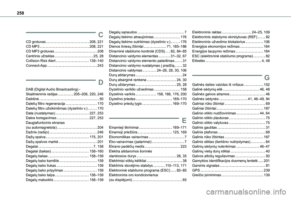 TOYOTA PROACE CITY VERSO 2020  Eksploatavimo vadovas (in Lithuanian) 258
C
CD grotuvas   208, 221CD MP3   208, 221CD MP3 grotuvas   208Centrinis užraktas   25, 28Collision Risk Alert   139–140Connect-App   243
D
DAB (Digital Audio Broadcasting) -  Skaitmeninis radij