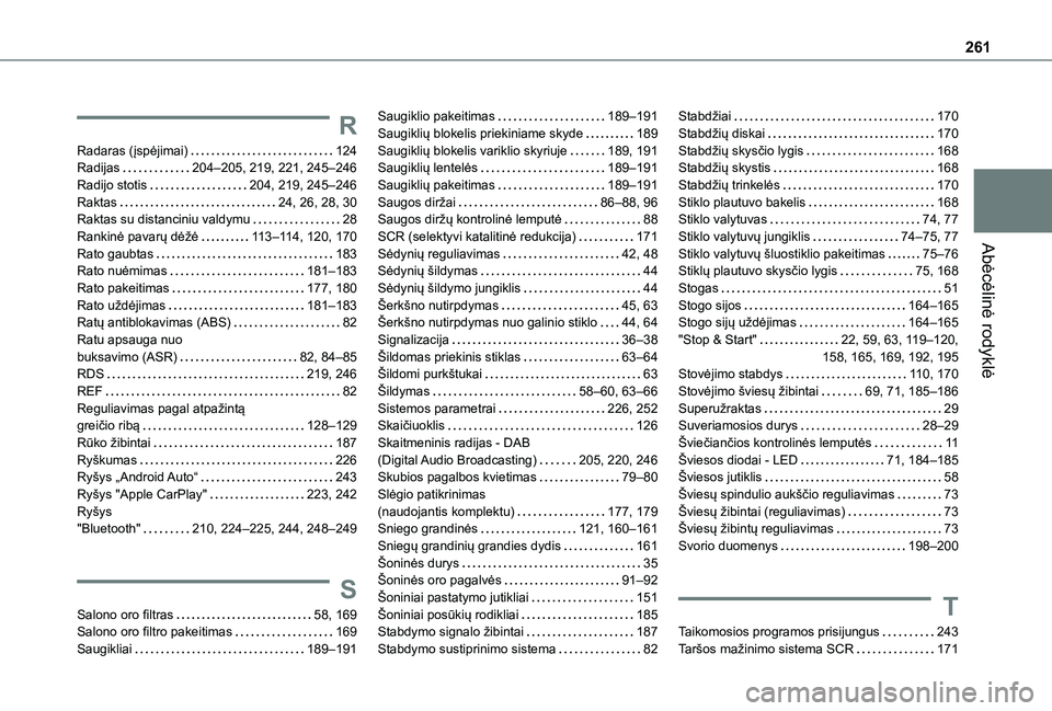 TOYOTA PROACE CITY VERSO 2020 Eksploatavimo vadovas (in Lithuanian) 261
Abėcėlinė rodyklė
R
Radaras (įspėjimai) 124Radijas 204–205, 219, 221, 245–246Radijo stotis 204, 219, 245–246Raktas 24, 26, 28, 30Raktas su distanciniu valdymu 28Rankinė pava TOYOTA PROACE CITY VERSO 2020 Eksploatavimo vadovas (in Lithuanian) 261
Abėcėlinė rodyklė
R
Radaras (įspėjimai) 124Radijas 204–205, 219, 221, 245–246Radijo stotis 204, 219, 245–246Raktas 24, 26, 28, 30Raktas su distanciniu valdymu 28Rankinė pava