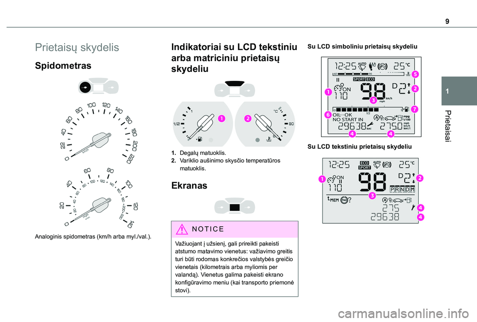 TOYOTA PROACE CITY VERSO 2020  Eksploatavimo vadovas (in Lithuanian) 9
Prietaisai
1
Prietaisų skydelis
Spidometras 
  
 
Analoginis spidometras (km/h arba myl./val.).
Indikatoriai su LCD tekstiniu 
arba matriciniu prietaisų 
skydeliu 
 
1.Degalų matuoklis.
2.Varikli