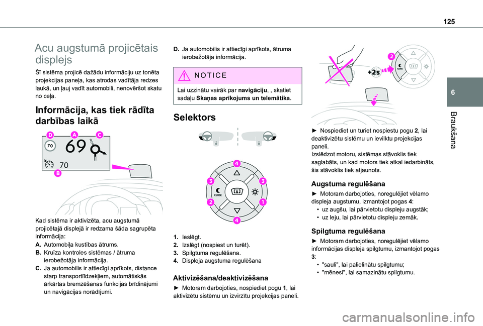TOYOTA PROACE CITY VERSO 2020 Lietošanas Instrukcija (in Latvian) 125
Braukšana
6
Acu augstumā projicētais
displejs
Šī sistēma projicē dažādu informāciju uz tonēta projekcijas paneļa, kas atrodas vadītāja redzes laukā, un ļauj vadīt automobili, nen TOYOTA PROACE CITY VERSO 2020 Lietošanas Instrukcija (in Latvian) 125
Braukšana
6
Acu augstumā projicētais
displejs
Šī sistēma projicē dažādu informāciju uz tonēta projekcijas paneļa, kas atrodas vadītāja redzes laukā, un ļauj vadīt automobili, nen