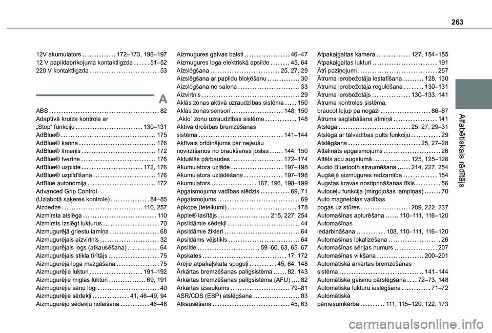 TOYOTA PROACE CITY VERSO 2020 Lietošanas Instrukcija (in Latvian) 263
Alfabētiskais rādītājs
12V akumulators 172–173, 196–19712 V papildaprīkojuma kontaktligzda 51–52220 V kontaktligzda 53
A
ABS 82Adaptīvā kruīza kontrole ar „Stop“ funkcij TOYOTA PROACE CITY VERSO 2020 Lietošanas Instrukcija (in Latvian) 263
Alfabētiskais rādītājs
12V akumulators 172–173, 196–19712 V papildaprīkojuma kontaktligzda 51–52220 V kontaktligzda 53
A
ABS 82Adaptīvā kruīza kontrole ar „Stop“ funkcij