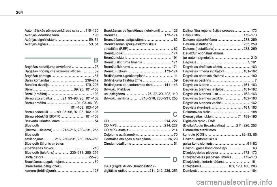 TOYOTA PROACE CITY VERSO 2020 Lietošanas Instrukcija (in Latvian) 264
Automātiskās pārnesumkārbas svira 11 6–120Avārijas iedarbināšana 196Avārijas signāllukturi 59, 81Avārijas signāls 59, 81
B
Bagāžas nodalījuma atvēršana 25Bagāžas noda TOYOTA PROACE CITY VERSO 2020 Lietošanas Instrukcija (in Latvian) 264
Automātiskās pārnesumkārbas svira 11 6–120Avārijas iedarbināšana 196Avārijas signāllukturi 59, 81Avārijas signāls 59, 81
B
Bagāžas nodalījuma atvēršana 25Bagāžas noda