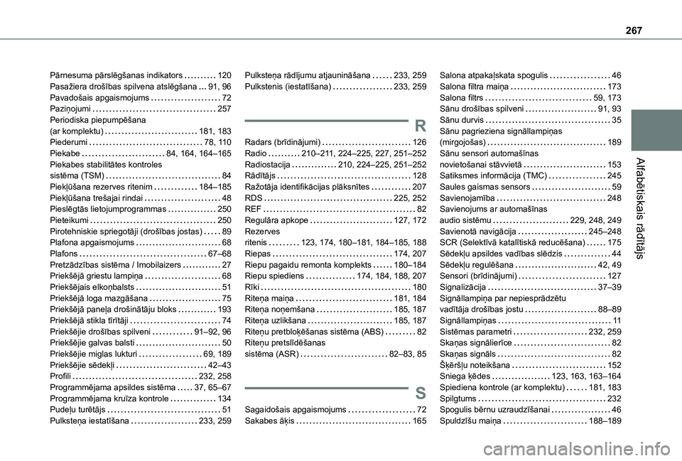 TOYOTA PROACE CITY VERSO 2020 Lietošanas Instrukcija (in Latvian) 267
Alfabētiskais rādītājs
Pārnesuma pārslēgšanas indikators 120Pasažiera drošības spilvena atslēgšana 91, 96Pavadošais apgaismojums 72Paziņojumi 257Periodiska piepumpēšana ( TOYOTA PROACE CITY VERSO 2020 Lietošanas Instrukcija (in Latvian) 267
Alfabētiskais rādītājs
Pārnesuma pārslēgšanas indikators 120Pasažiera drošības spilvena atslēgšana 91, 96Pavadošais apgaismojums 72Paziņojumi 257Periodiska piepumpēšana (