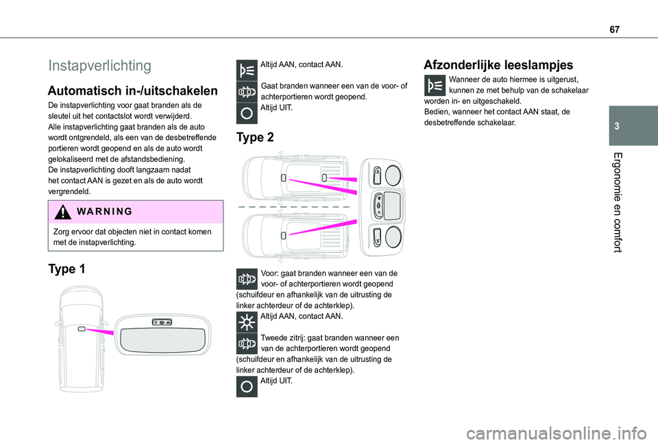 TOYOTA PROACE CITY VERSO 2020 Instructieboekje (in Dutch) 67
Ergonomie en comfort
3
Instapverlichting
Automatisch in-/uitschakelen
De instapverlichting voor gaat branden als de sleutel uit het contactslot wordt verwijderd.Alle instapverlichting gaat branden TOYOTA PROACE CITY VERSO 2020 Instructieboekje (in Dutch) 67
Ergonomie en comfort
3
Instapverlichting
Automatisch in-/uitschakelen
De instapverlichting voor gaat branden als de sleutel uit het contactslot wordt verwijderd.Alle instapverlichting gaat branden
