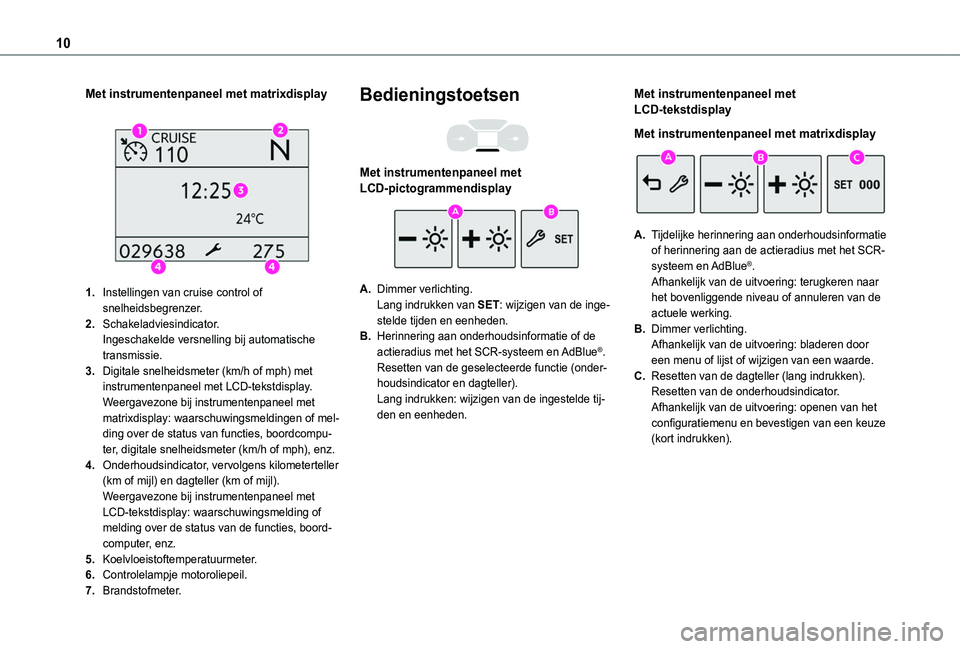 TOYOTA PROACE CITY VERSO 2020  Instructieboekje (in Dutch) 10
Met instrumentenpaneel met matrixdisplay 
 
1.Instellingen van cruise control of snelheidsbegrenzer.
2.Schakeladviesindicator.Ingeschakelde versnelling bij automatische transmissie.
3.Digitale snel