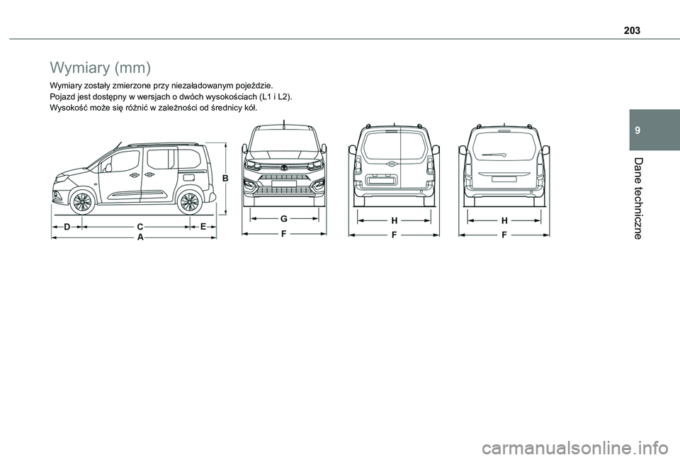 TOYOTA PROACE CITY VERSO 2020 Instrukcja obsługi (in Polish) 203
Dane techniczne
9
Wymiary (mm)
Wymiary zostały zmierzone przy niezaładowanym pojeździe.Pojazd jest dostępny w wersjach o dwóch wysokościach (L1 i L2).Wysokość może się różnić w zależ TOYOTA PROACE CITY VERSO 2020 Instrukcja obsługi (in Polish) 203
Dane techniczne
9
Wymiary (mm)
Wymiary zostały zmierzone przy niezaładowanym pojeździe.Pojazd jest dostępny w wersjach o dwóch wysokościach (L1 i L2).Wysokość może się różnić w zależ
