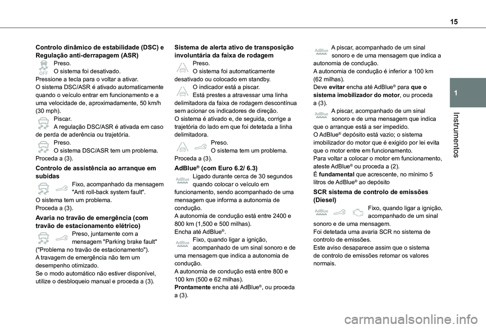 TOYOTA PROACE CITY VERSO 2020  Manual de utilização (in Portuguese) 15
Instrumentos
1
Controlo dinâmico de estabilidade (DSC) e Regulação anti-derrapagem (ASR)Preso.O sistema foi desativado.Pressione a tecla para o voltar a ativar.O sistema DSC/ASR é ativado autom