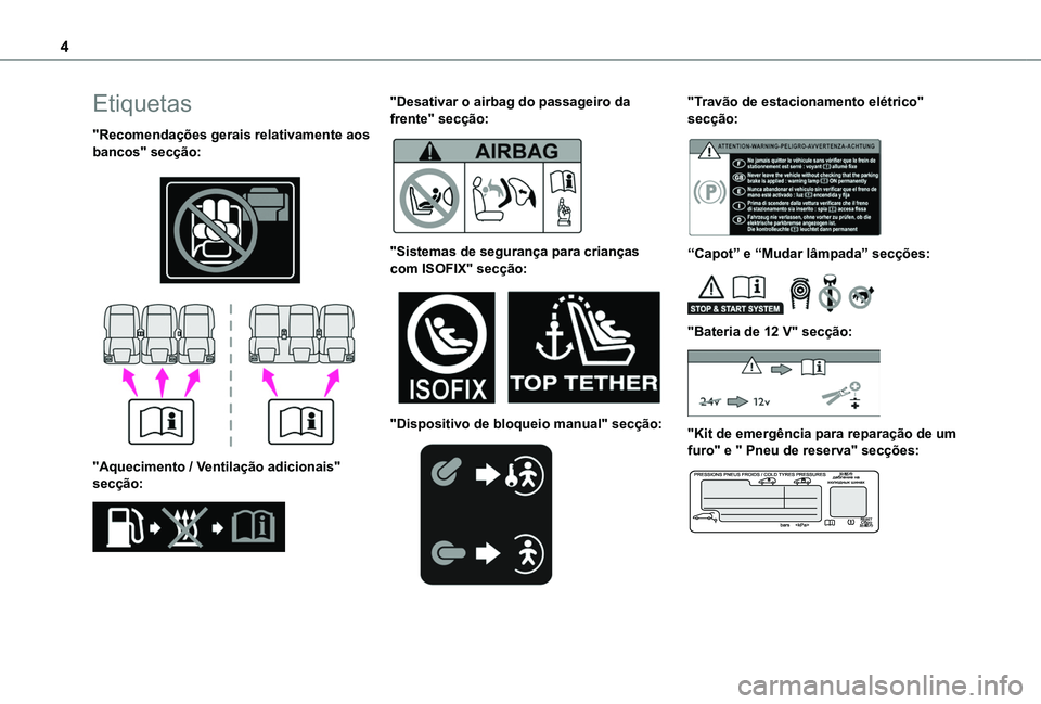 TOYOTA PROACE CITY VERSO 2020  Manual de utilização (in Portuguese) 4
Etiquetas
"Recomendações gerais relativamente aos bancos" secção: 
  
 
"Aquecimento / Ventilação adicionais" secção: 
 
"Desativar o airbag do passageiro da frente" 