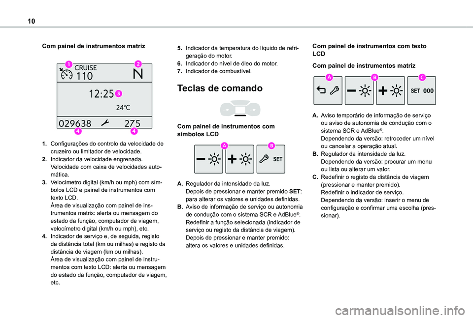 TOYOTA PROACE CITY VERSO 2020  Manual de utilização (in Portuguese) 10
Com painel de instrumentos matriz 
 
1.Configurações do controlo da velocidade de cruzeiro ou limitador de velocidade.
2.Indicador da velocidade engrenada.Velocidade com caixa de velocidades auto