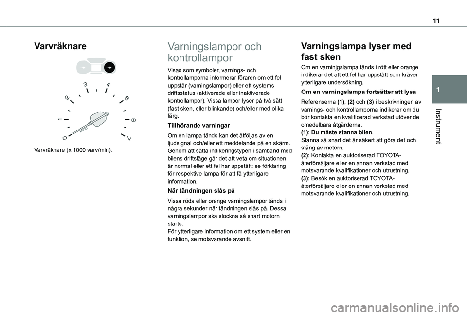 TOYOTA PROACE CITY VERSO 2020 Bruksanvisningar (in Swedish) 11
Instrument
1
Varvräknare
Varvräknare (x 1000 varv/min).
Varningslampor och
kontrollampor
Visas som symboler, varnings- och kontrollamporna informerar föraren om ett fel uppstår (varnings TOYOTA PROACE CITY VERSO 2020 Bruksanvisningar (in Swedish) 11
Instrument
1
Varvräknare
Varvräknare (x 1000 varv/min).
Varningslampor och
kontrollampor
Visas som symboler, varnings- och kontrollamporna informerar föraren om ett fel uppstår (varnings