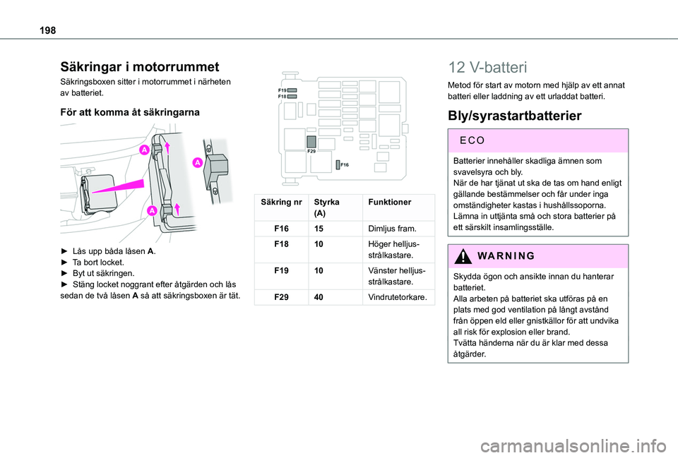 TOYOTA PROACE CITY VERSO 2020  Bruksanvisningar (in Swedish) 198
Säkringar i motorrummet
Säkringsboxen sitter i motorrummet i närheten av batteriet.
För att komma åt säkringarna 
 
► Lås upp båda låsen A.► Ta bort locket.►  Byt ut säkringen.► 