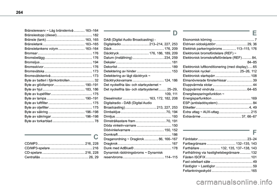 TOYOTA PROACE CITY VERSO 2020 Bruksanvisningar (in Swedish) 264
Bränslereserv ~ Låg bränslenivå 163–164Bränslestopp (diesel) 182Bränsle (tank) 163, 165Bränsletank 163–165Bränsletankens volym 163–164Bromsar 176Bromsbelägg 176Bromslj TOYOTA PROACE CITY VERSO 2020 Bruksanvisningar (in Swedish) 264
Bränslereserv ~ Låg bränslenivå 163–164Bränslestopp (diesel) 182Bränsle (tank) 163, 165Bränsletank 163–165Bränsletankens volym 163–164Bromsar 176Bromsbelägg 176Bromslj